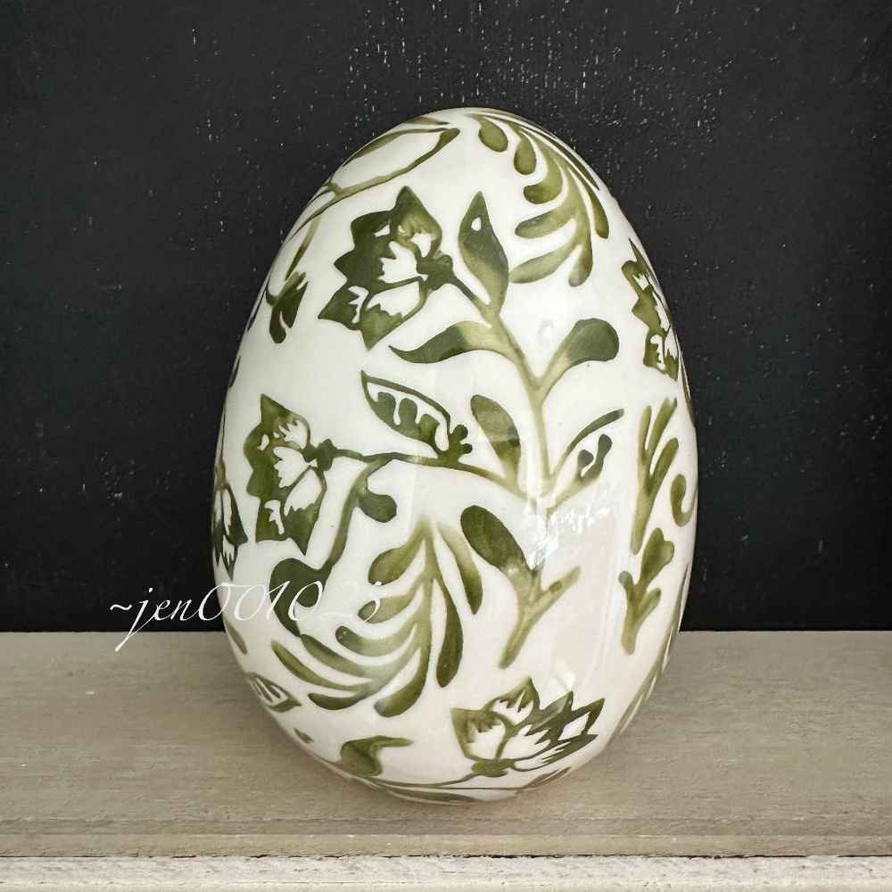 Green and White Painted Floral Ceramic Easter Egg - Threshold - Picture 4 of 6